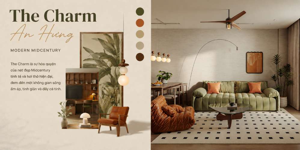 Thiết kế chung cư 2 ngủ The Charm phong cách Mid-Century Modern - Sự cân bằng giữa nét đẹp vượt thời gian và nhu cầu sống hiện đại